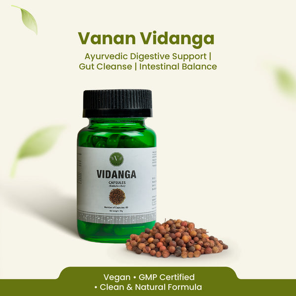 Vitan Vidanga supplement bottle with ingredients on a light background