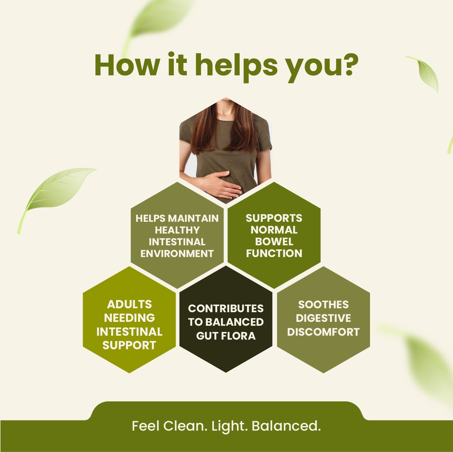 Health benefits of a product or supplement with text and a person in the center on a green background.