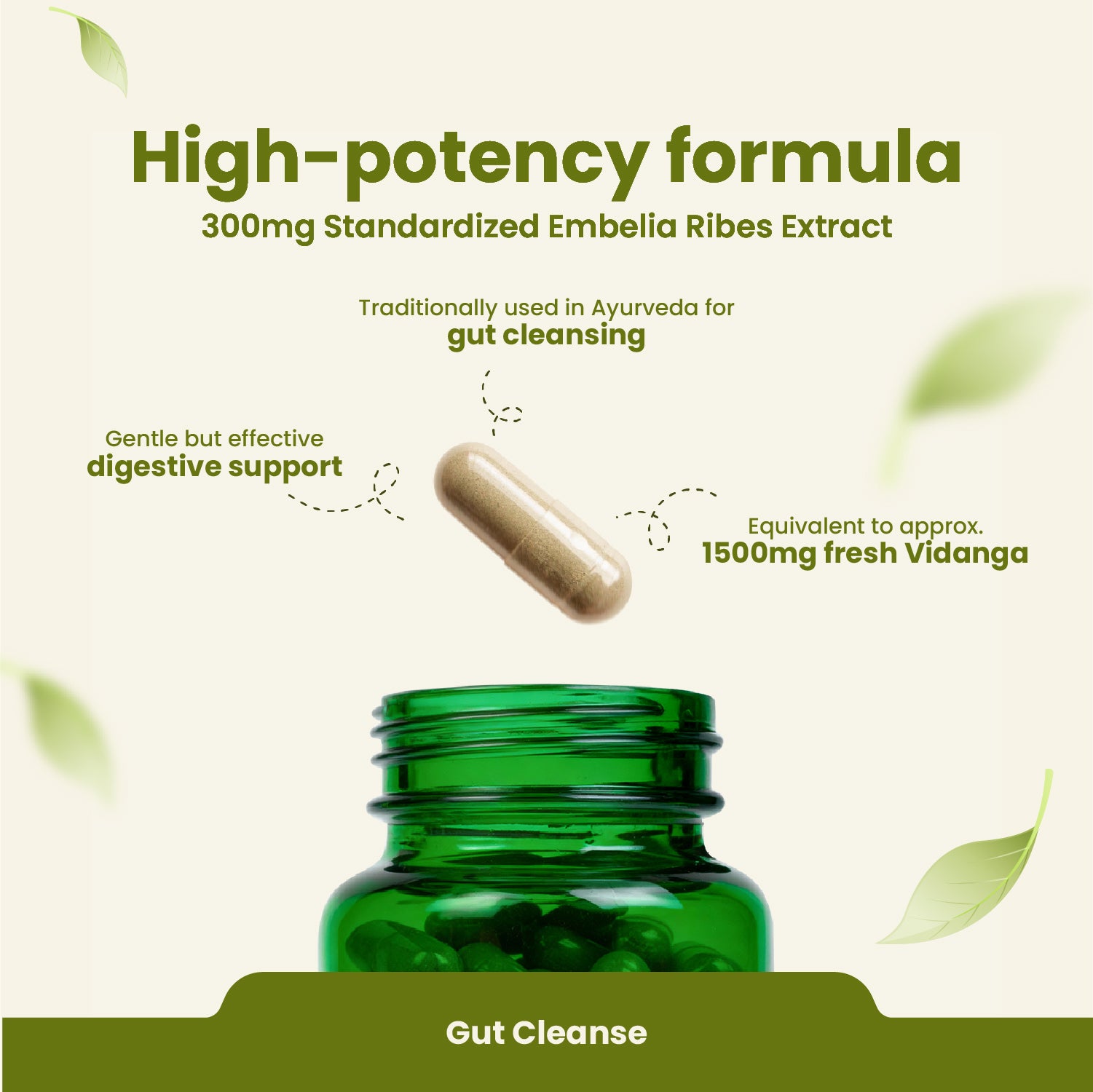 Green bottle of capsules with text about high-potency formula and gut cleansing benefits on a light green background.