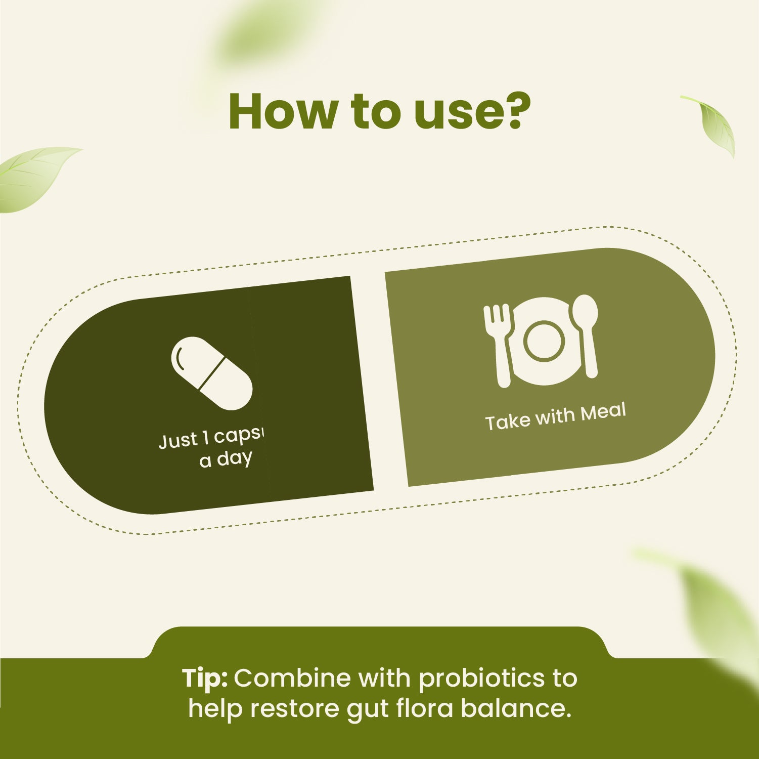 Instructional graphic on how to use a supplement capsule with text and icons.