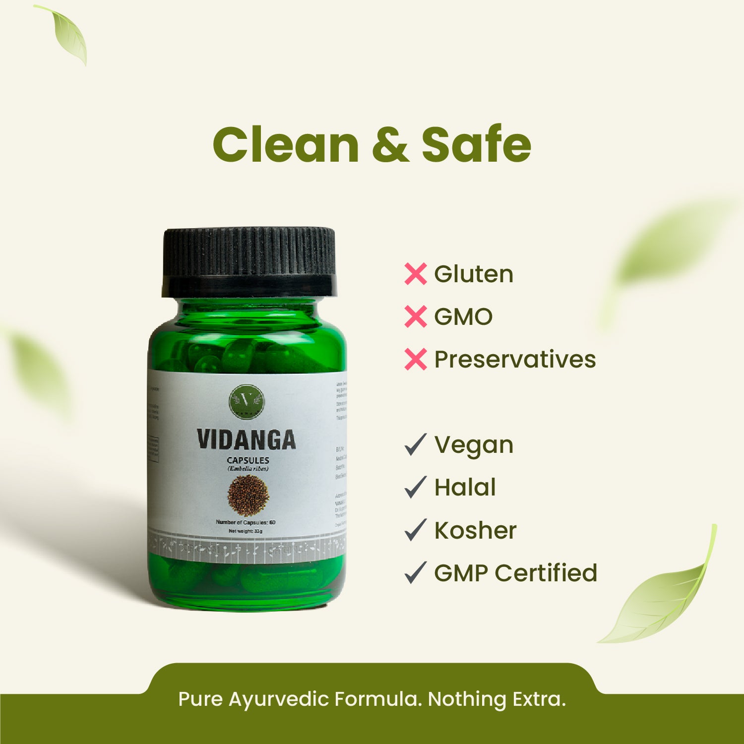 Green bottle of Vidanga capsules with certification labels on a light green background