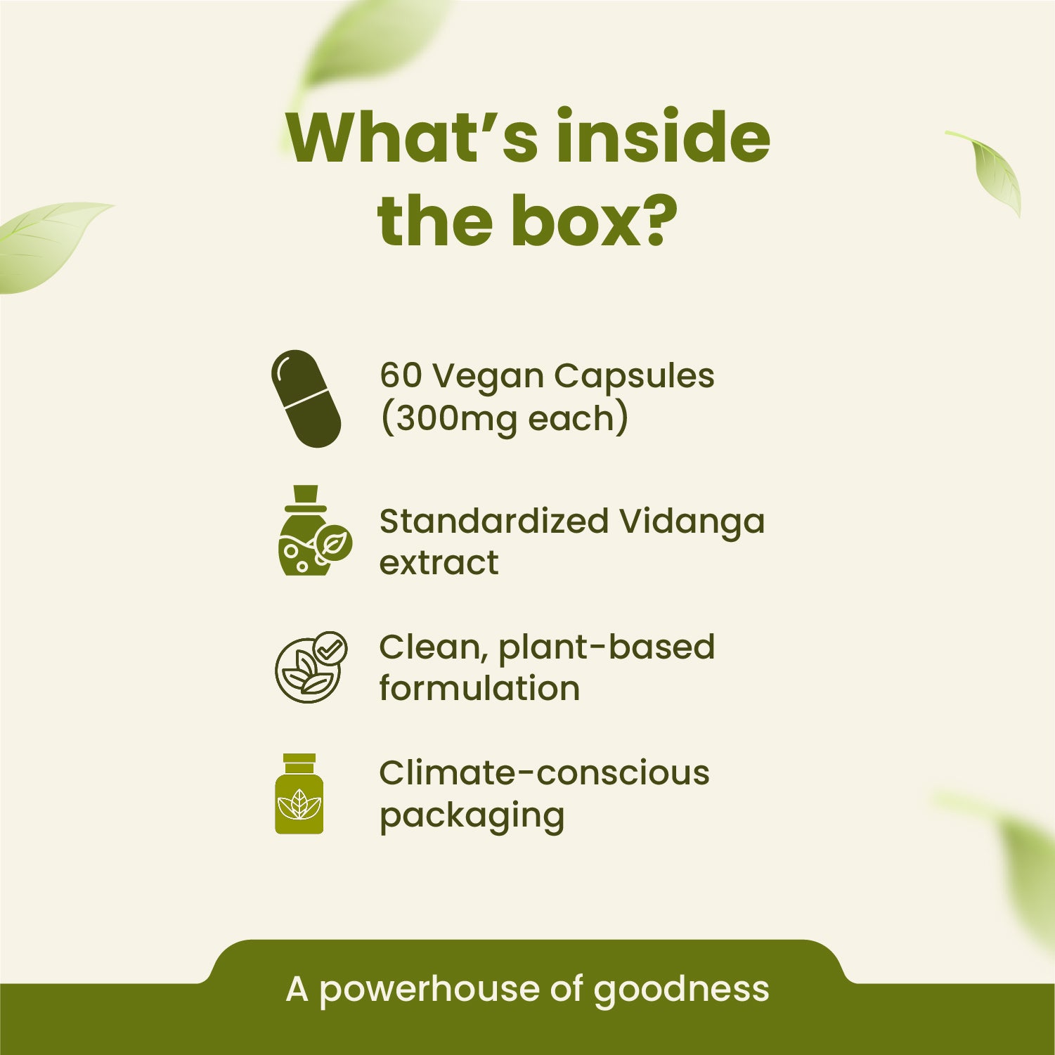 Product packaging with text detailing contents and features on a green background