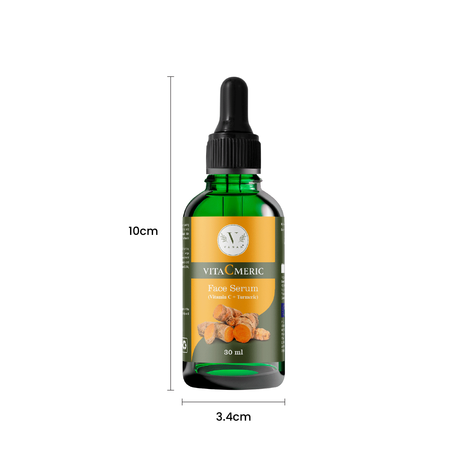 VitaCmeric face serum bottle with dimensions on a white background