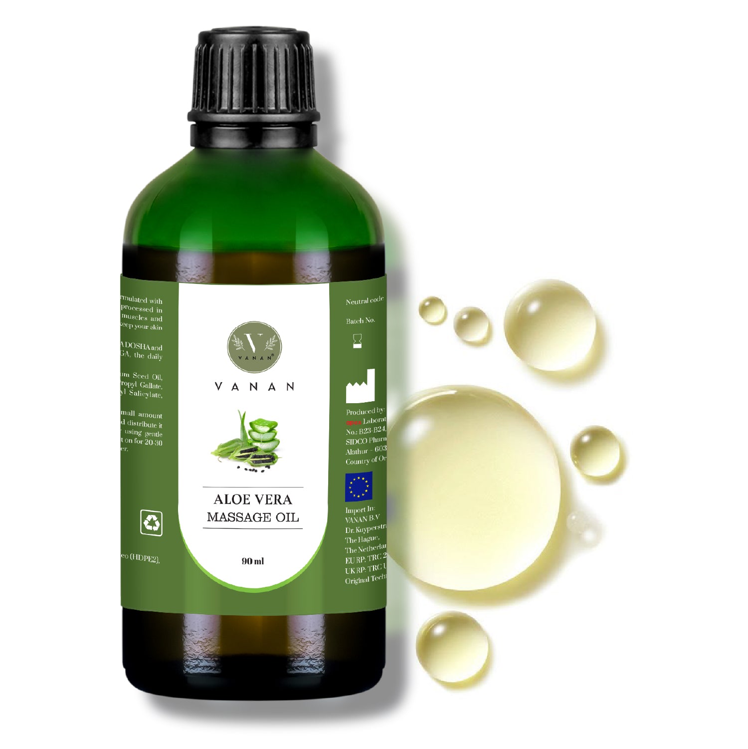 Bottle of aloe vera massage oil with oil droplets on a white background