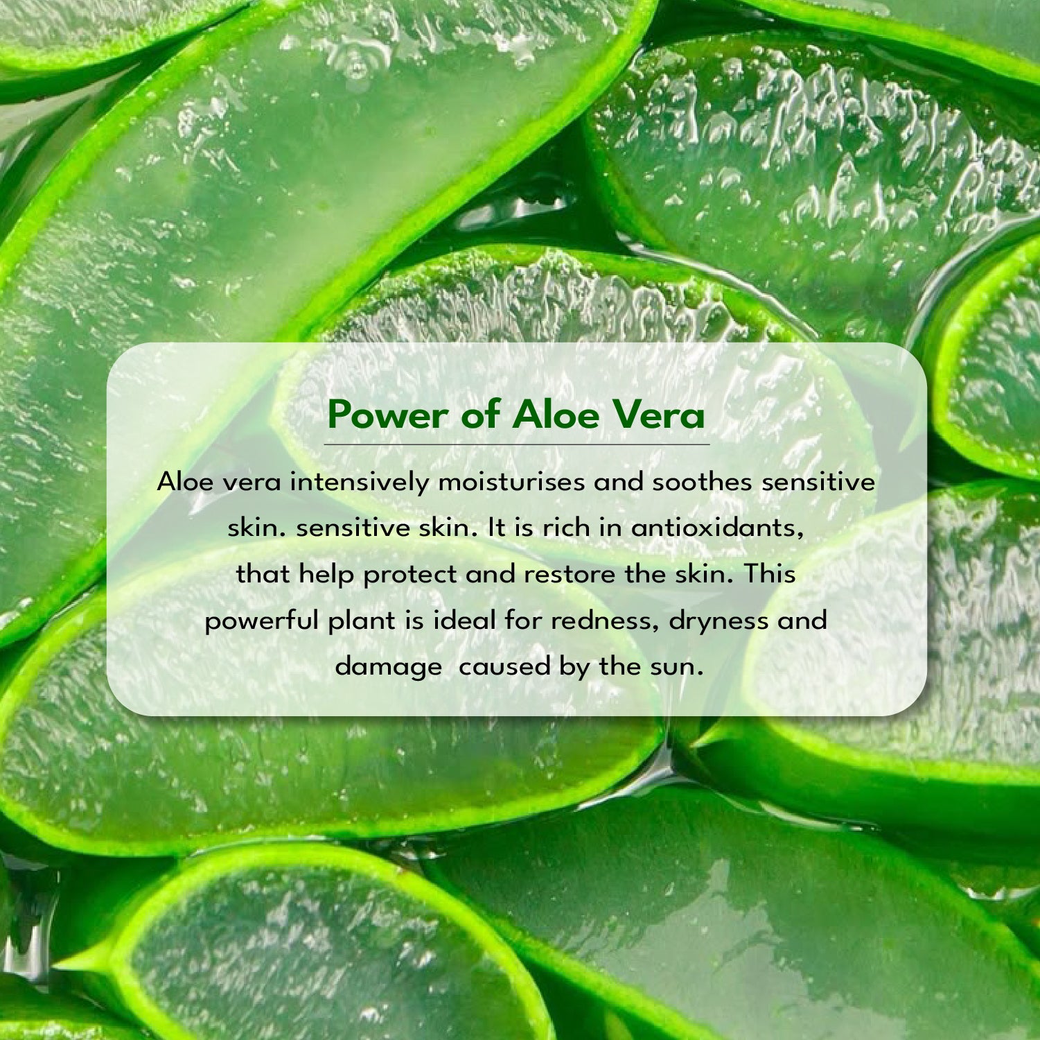 Close-up of aloe vera slices with text highlighting its benefits.