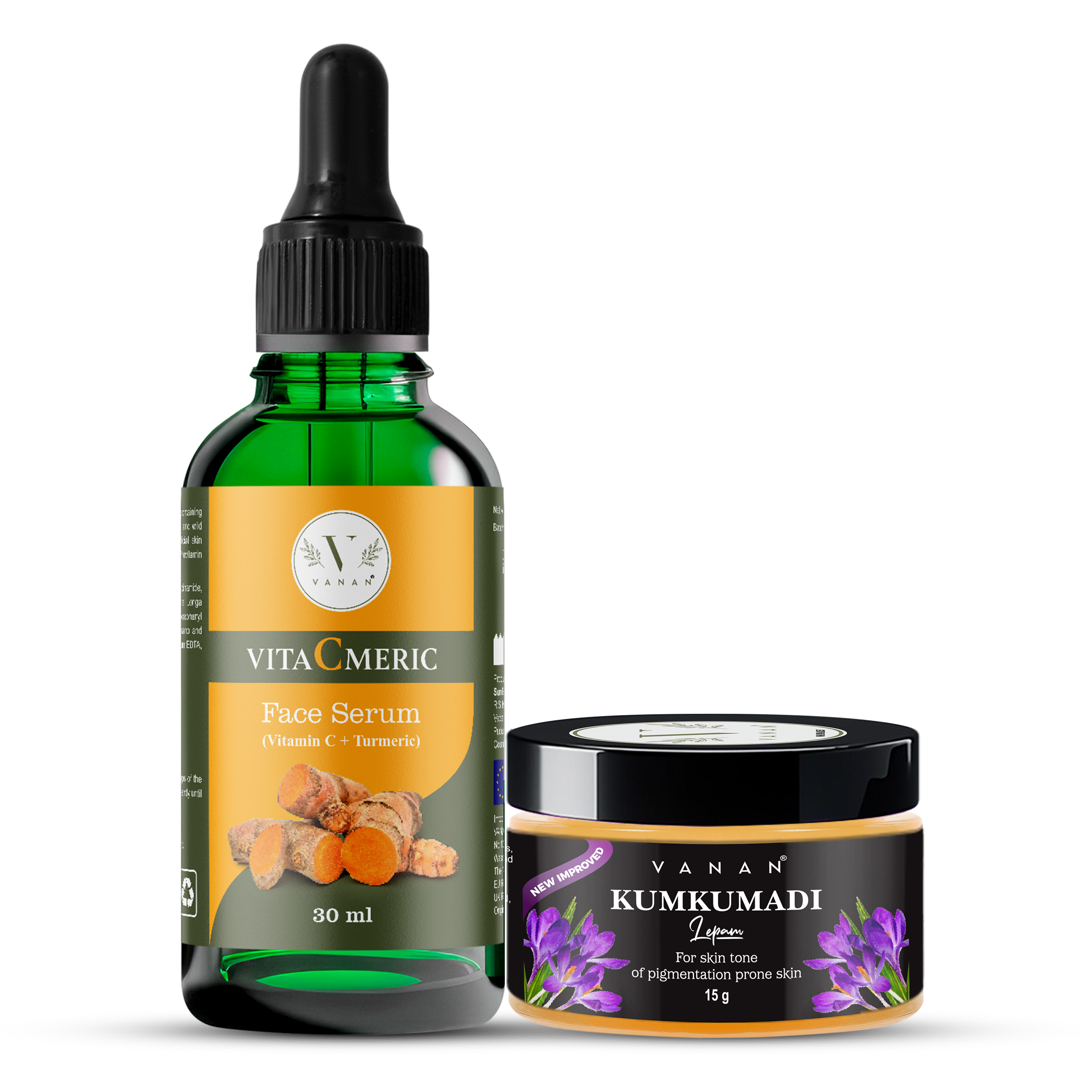 VitaCmeric face serum bottle and Vanan Kumkumadi jar on a white background
