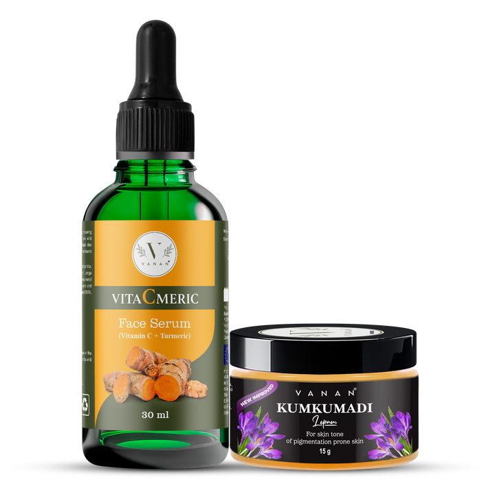 VitaCmeric face serum bottle and Vanan Kumkumadi jar on a white background