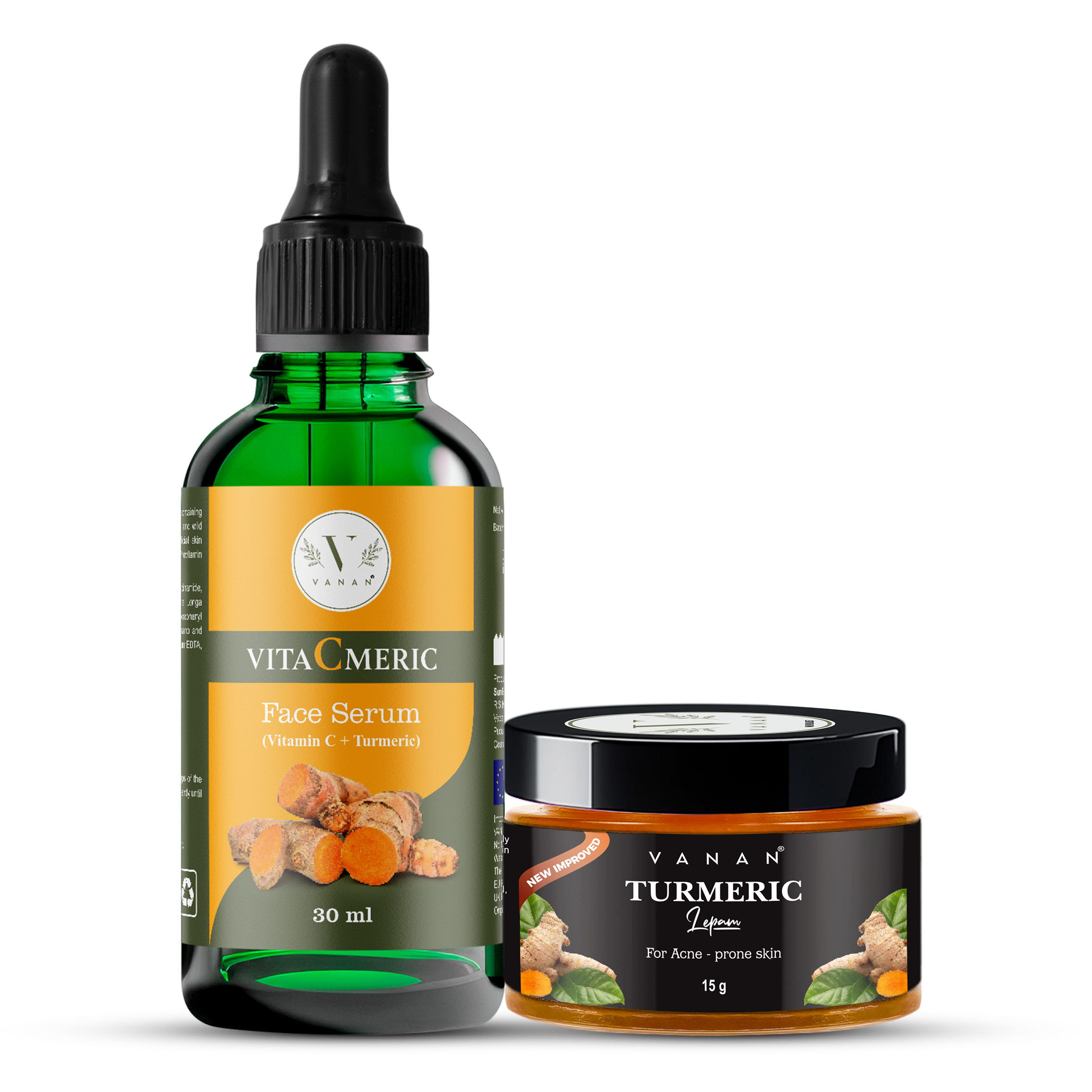VitaCmeric face serum bottle and Vanan turmeric lip balm on a white background