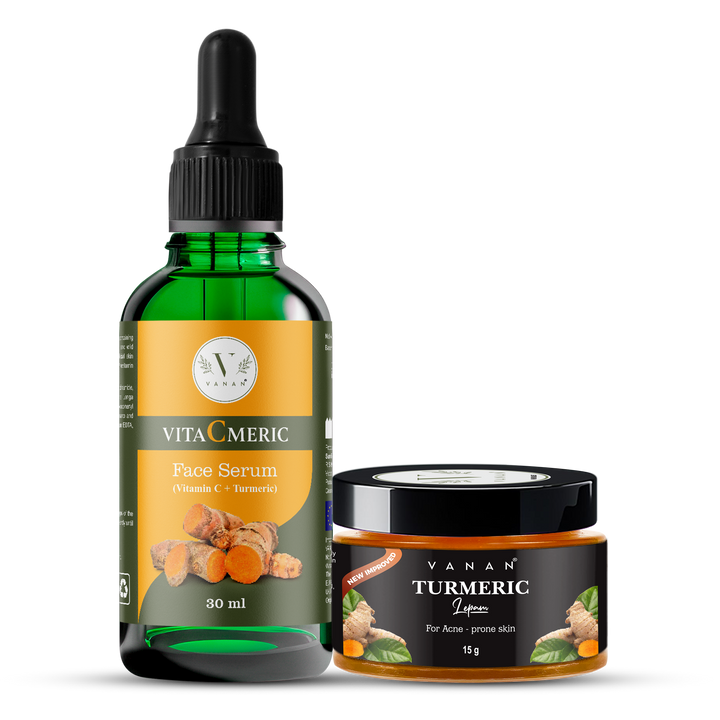 VitaCmeric face serum bottle and Vanan turmeric lip balm on a white background