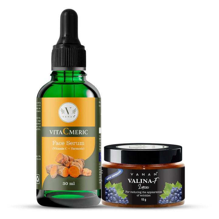 VitaCmeric face serum bottle and Vanan Valina-F jar on a white background