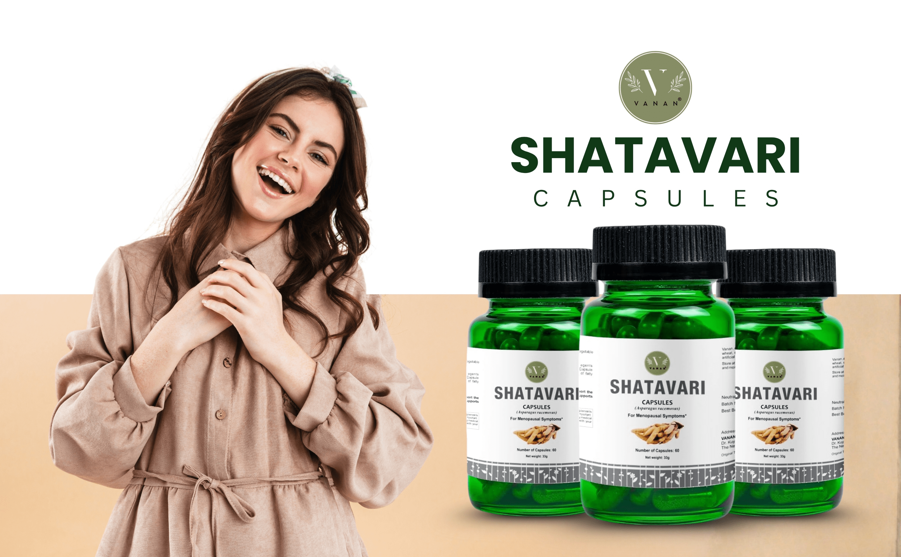 Woman smiling next to Shatavari capsules on a beige background