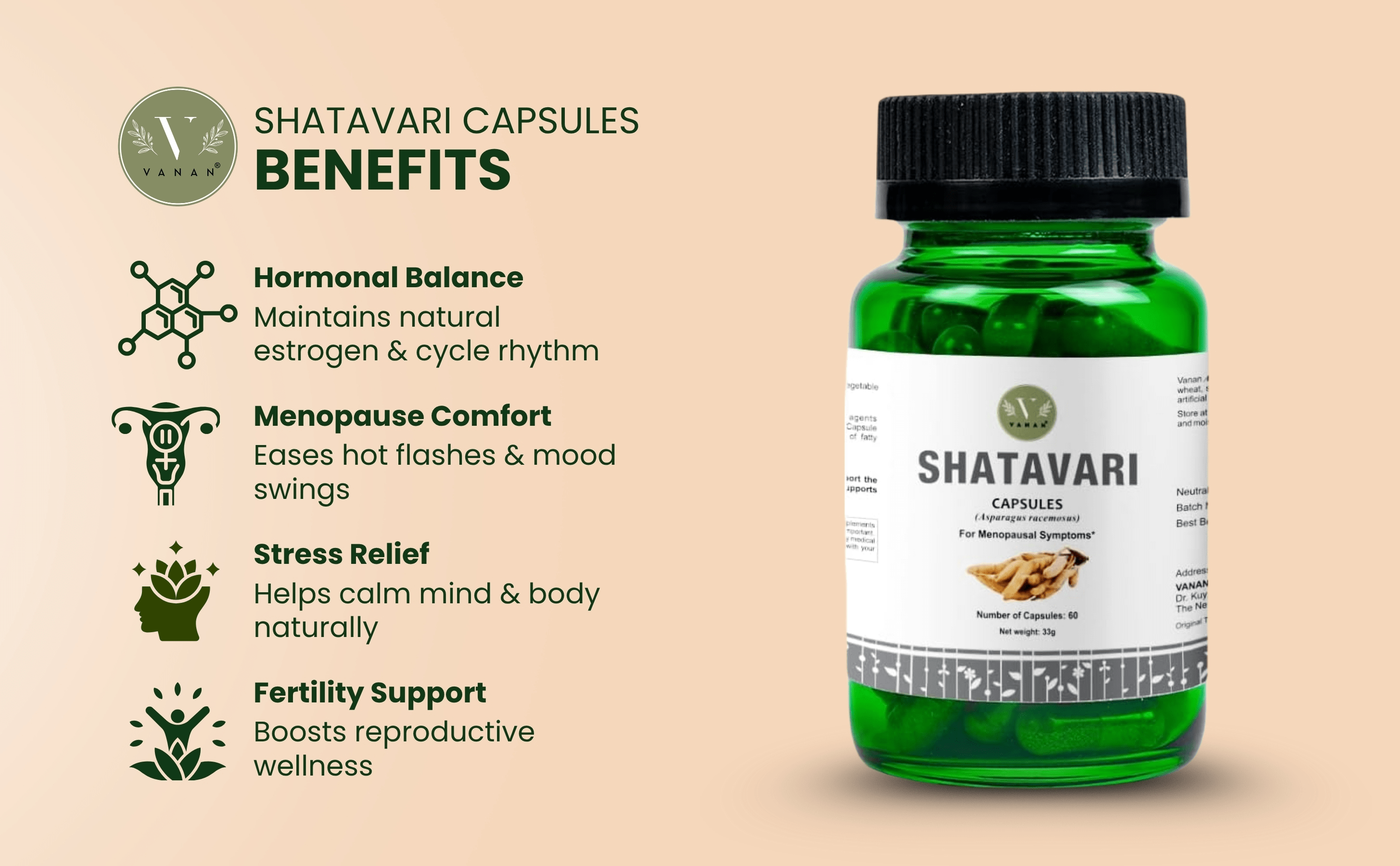 Shatavari capsules bottle with benefits listed on a beige background