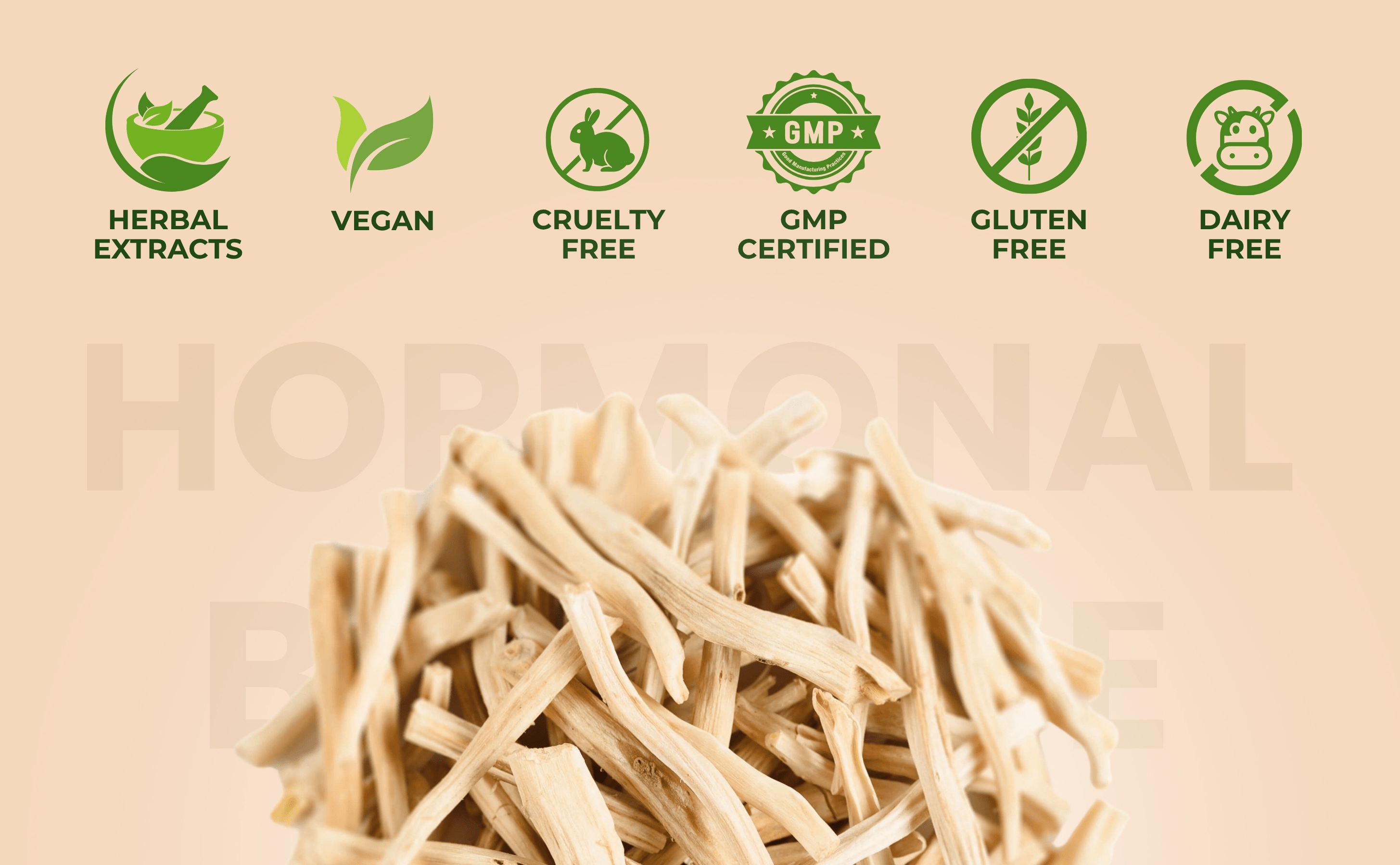 Dried herbs with certification icons on a beige background