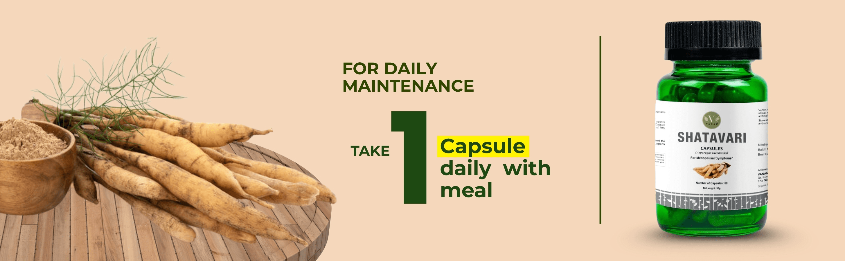 Shatavari supplement bottle with roots and powder on a beige background