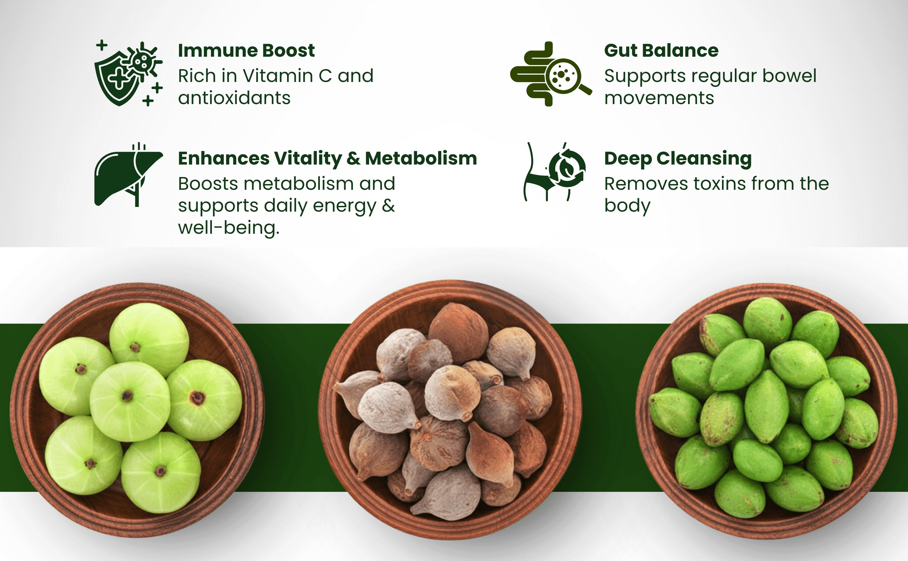 Three bowls of green and brown vegetables with health benefits listed on a white background.