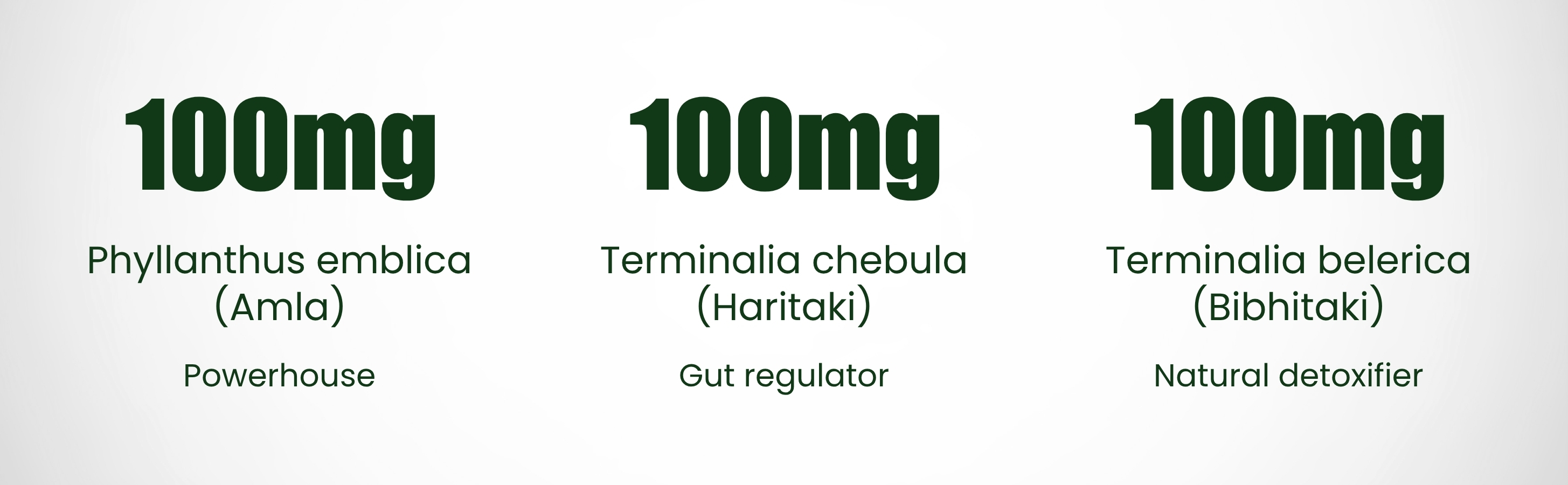 Three ingredients with their respective dosages and functions on a white background