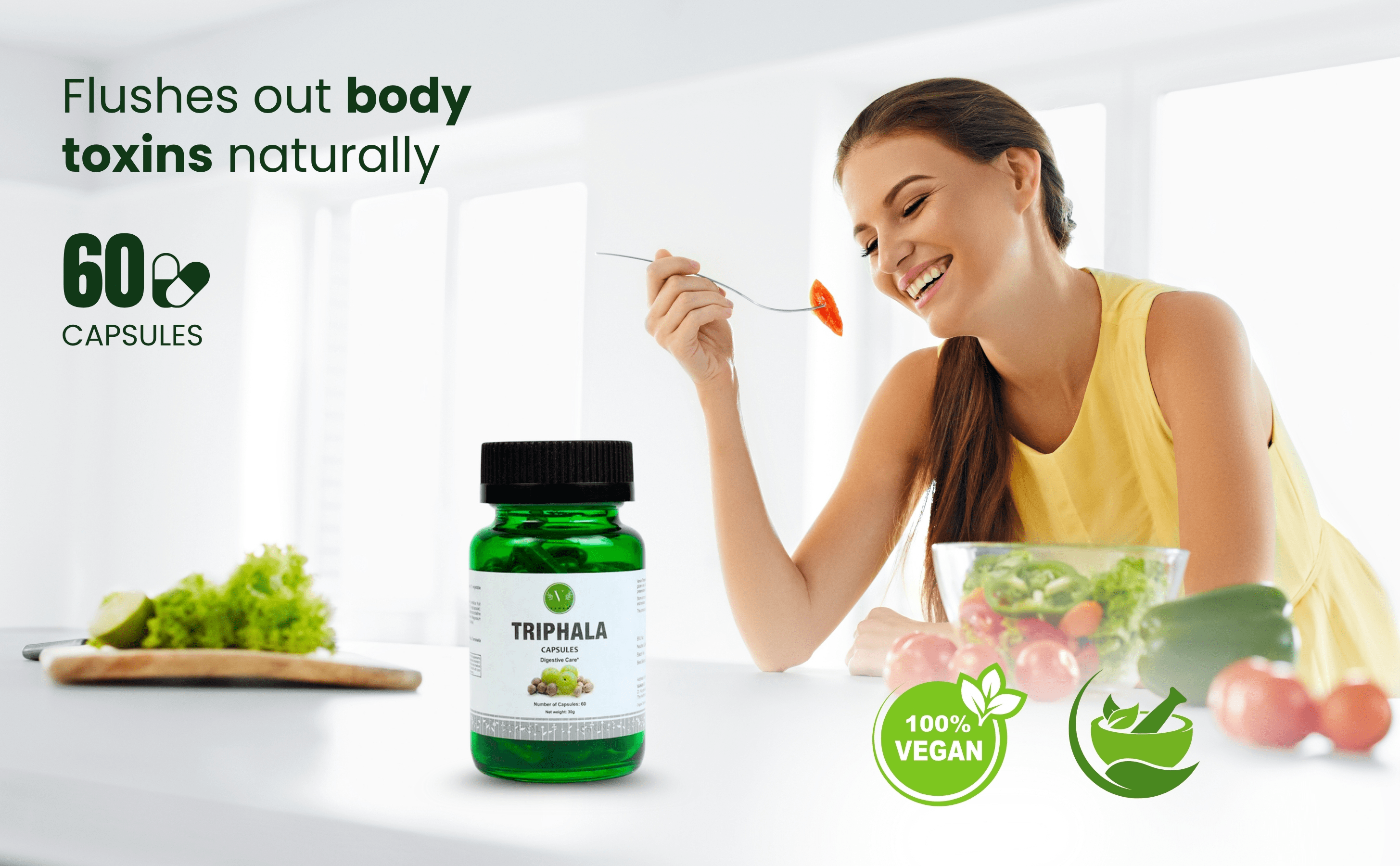 Bottle of Triphala capsules with a woman eating vegetables and text about detoxifying the body.