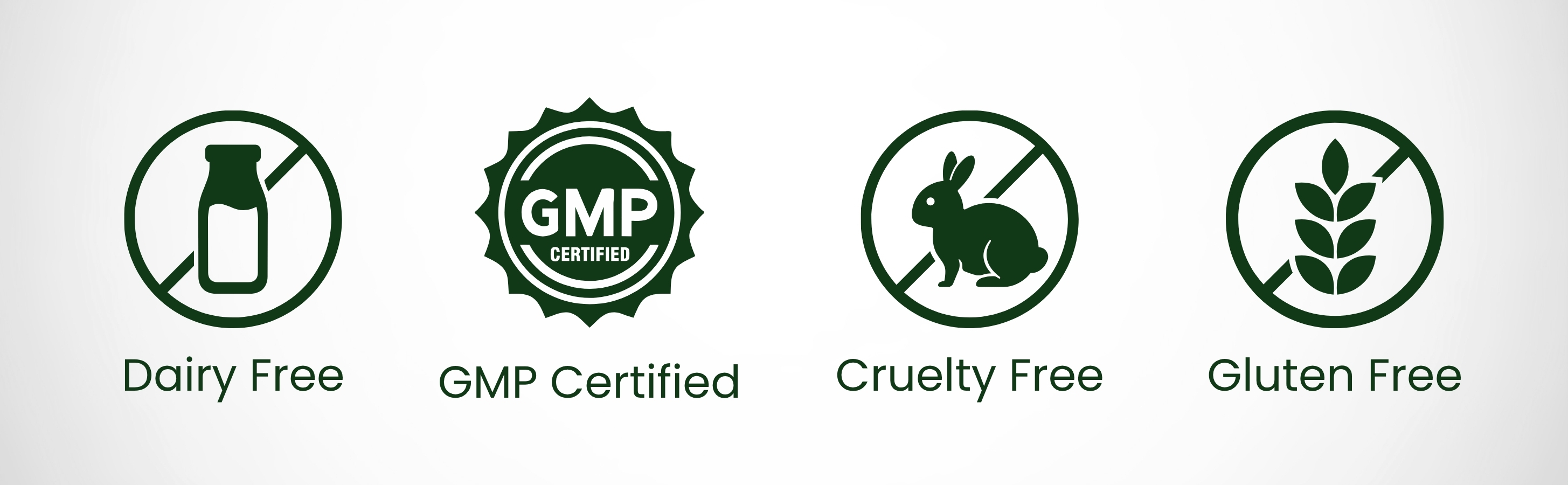Set of icons indicating dairy free, GMP certified, cruelty free, and gluten free statuses.