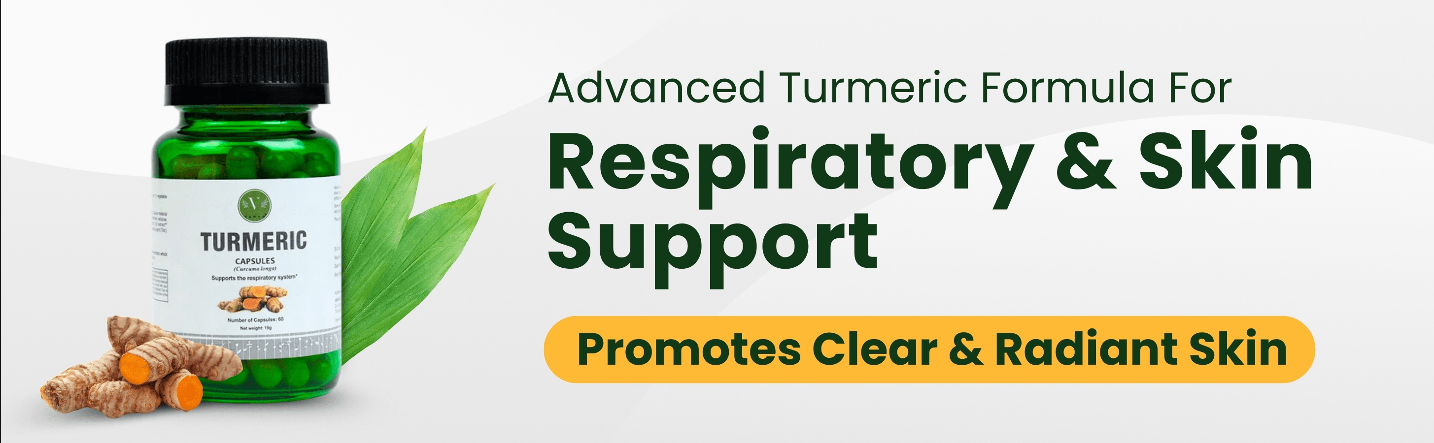 Turmeric supplement bottle with text about respiratory and skin support on a white background