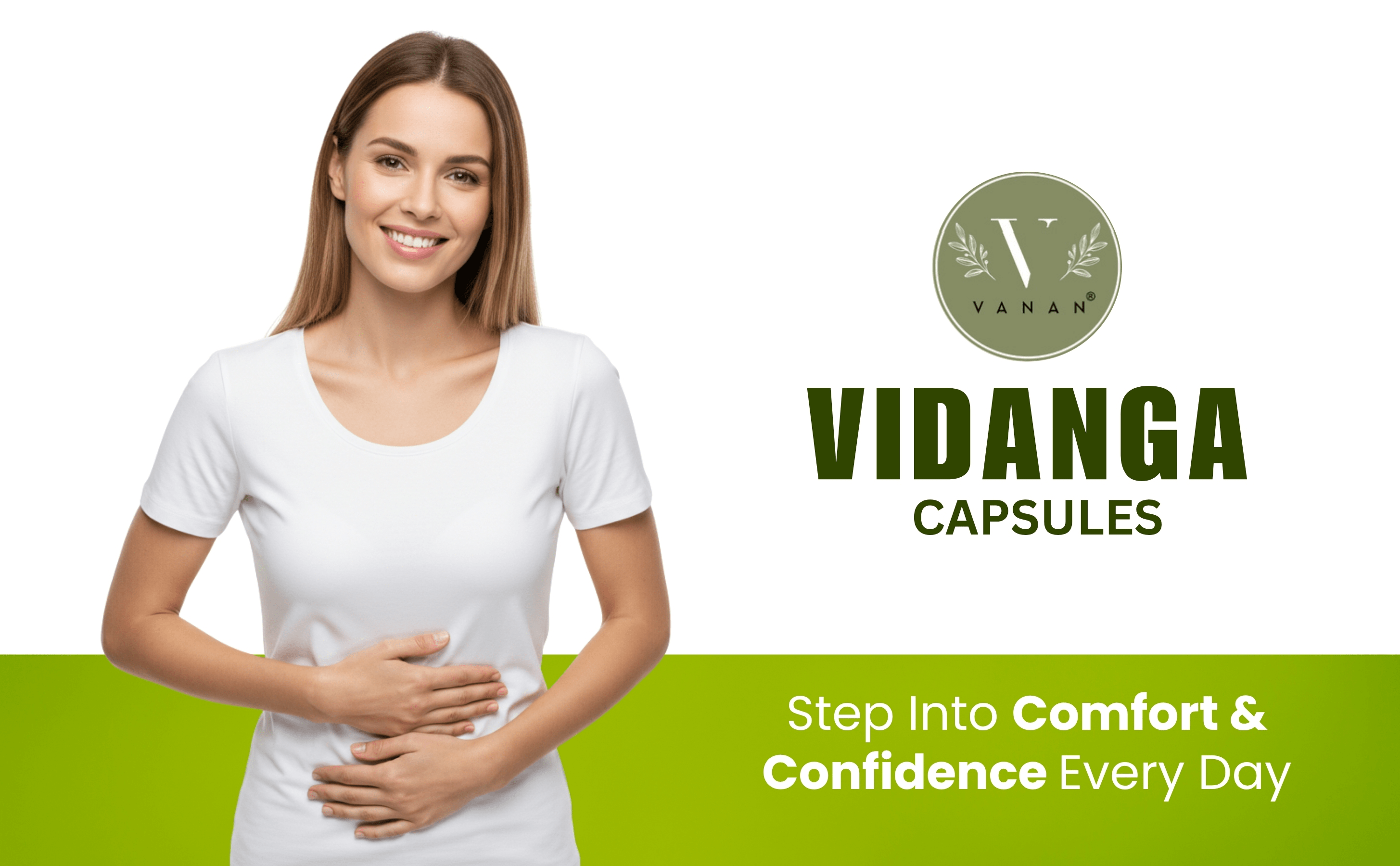 Woman with hands on stomach next to Vidanga Capsules logo and text on a white and green background