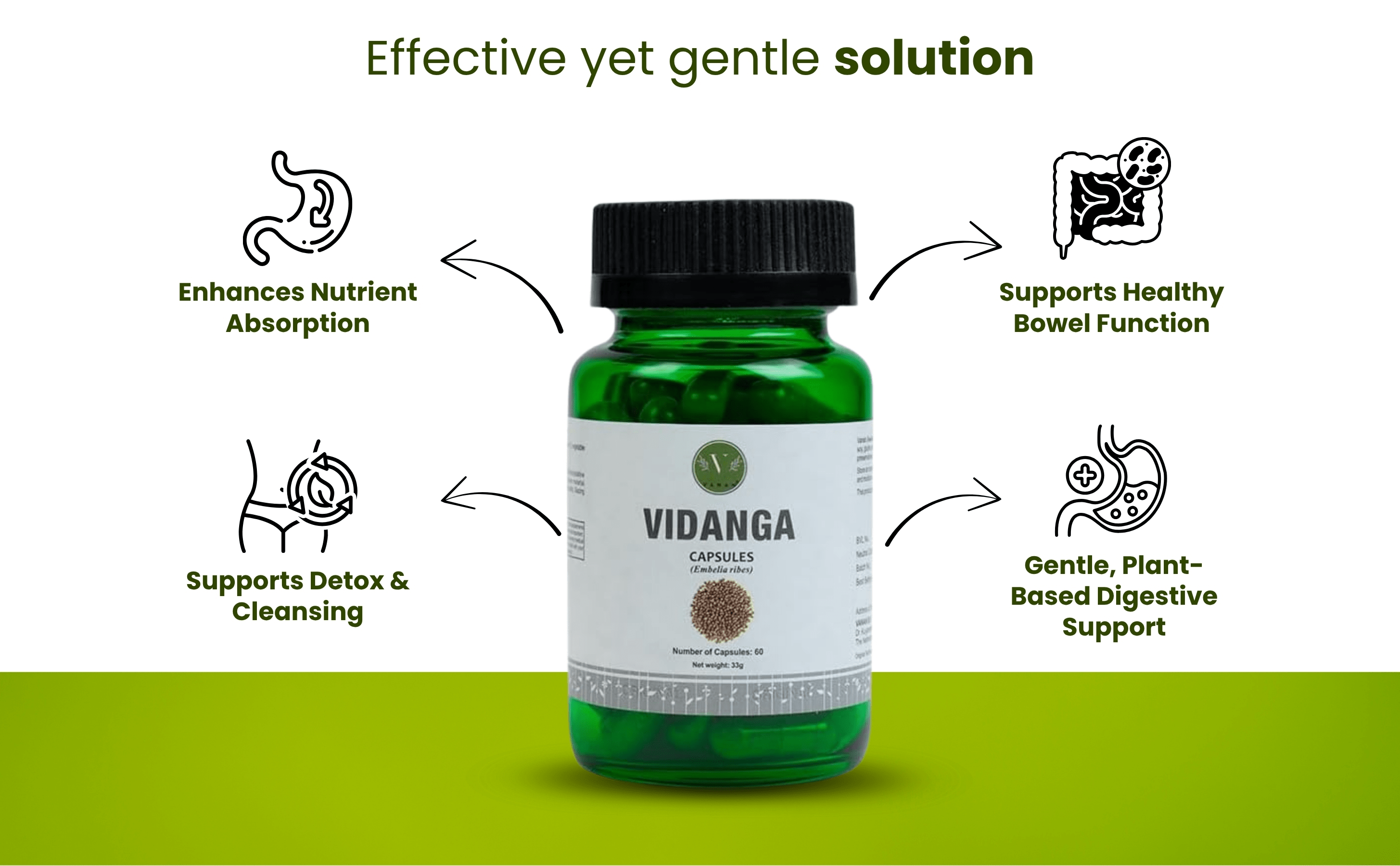 Vidanga supplement bottle with health benefits on a white background