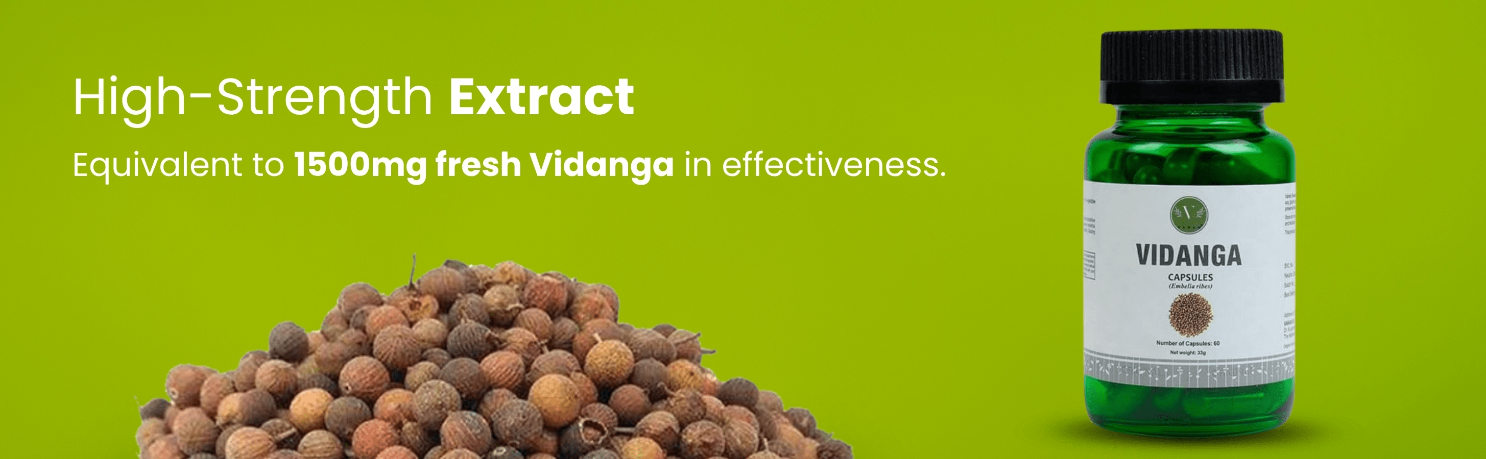 Vidanga high-strength extract bottle with dried fruits on a green background