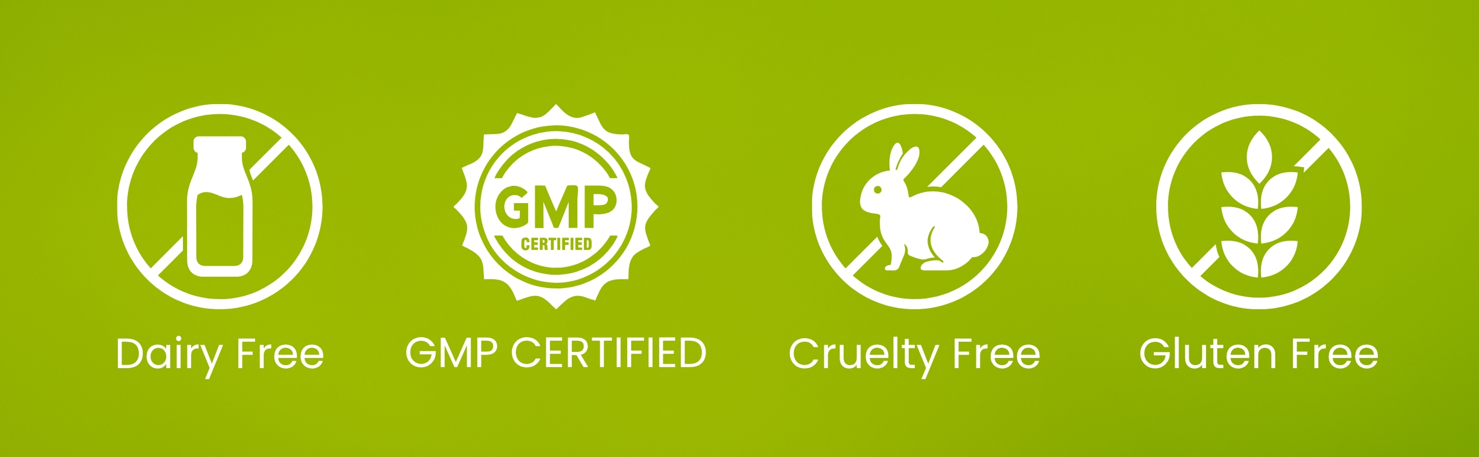 Four icons indicating dairy free, GMP certified, cruelty free, and gluten free on a green background.
