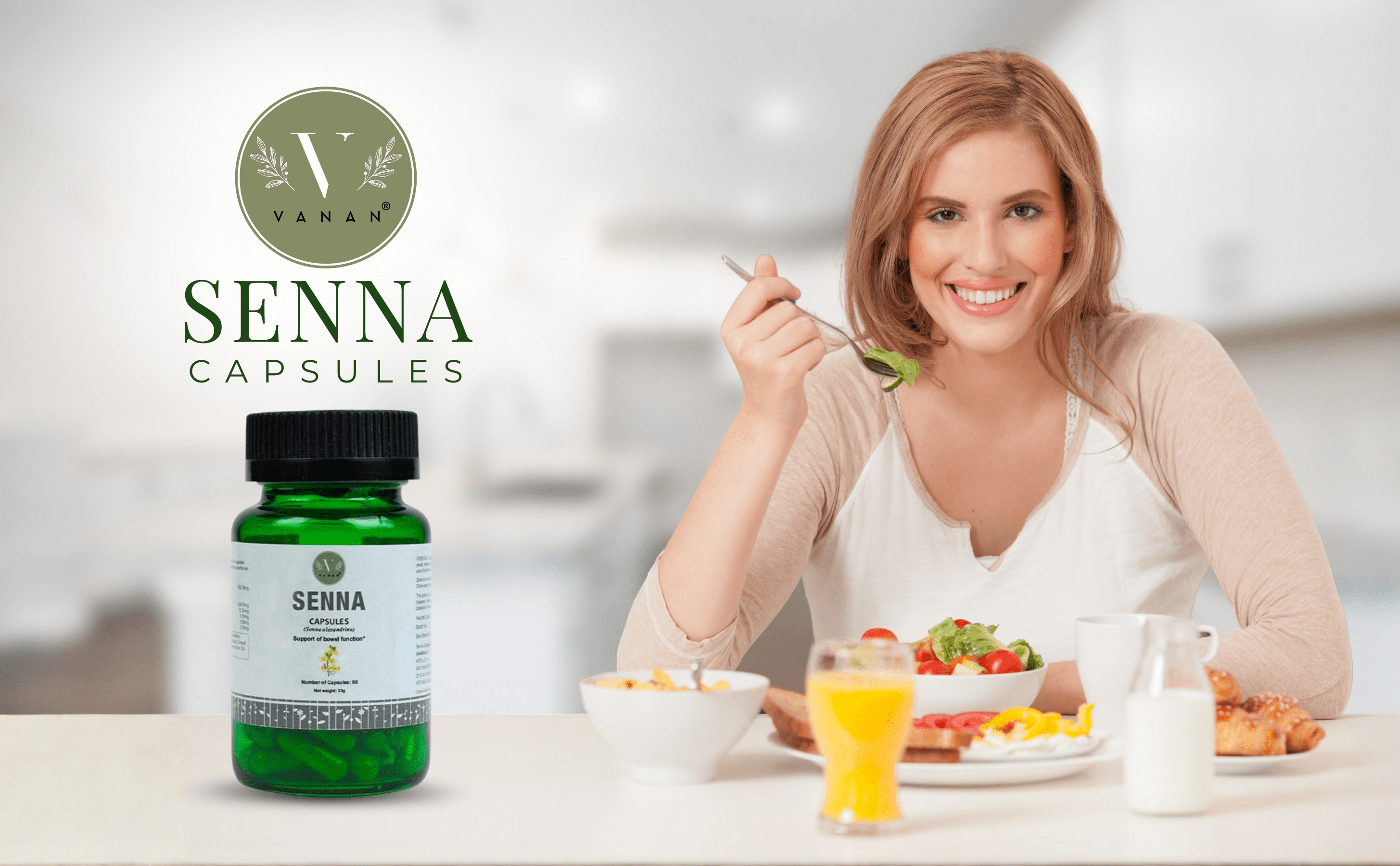 Woman eating a healthy breakfast with Senna capsules bottle on a table.