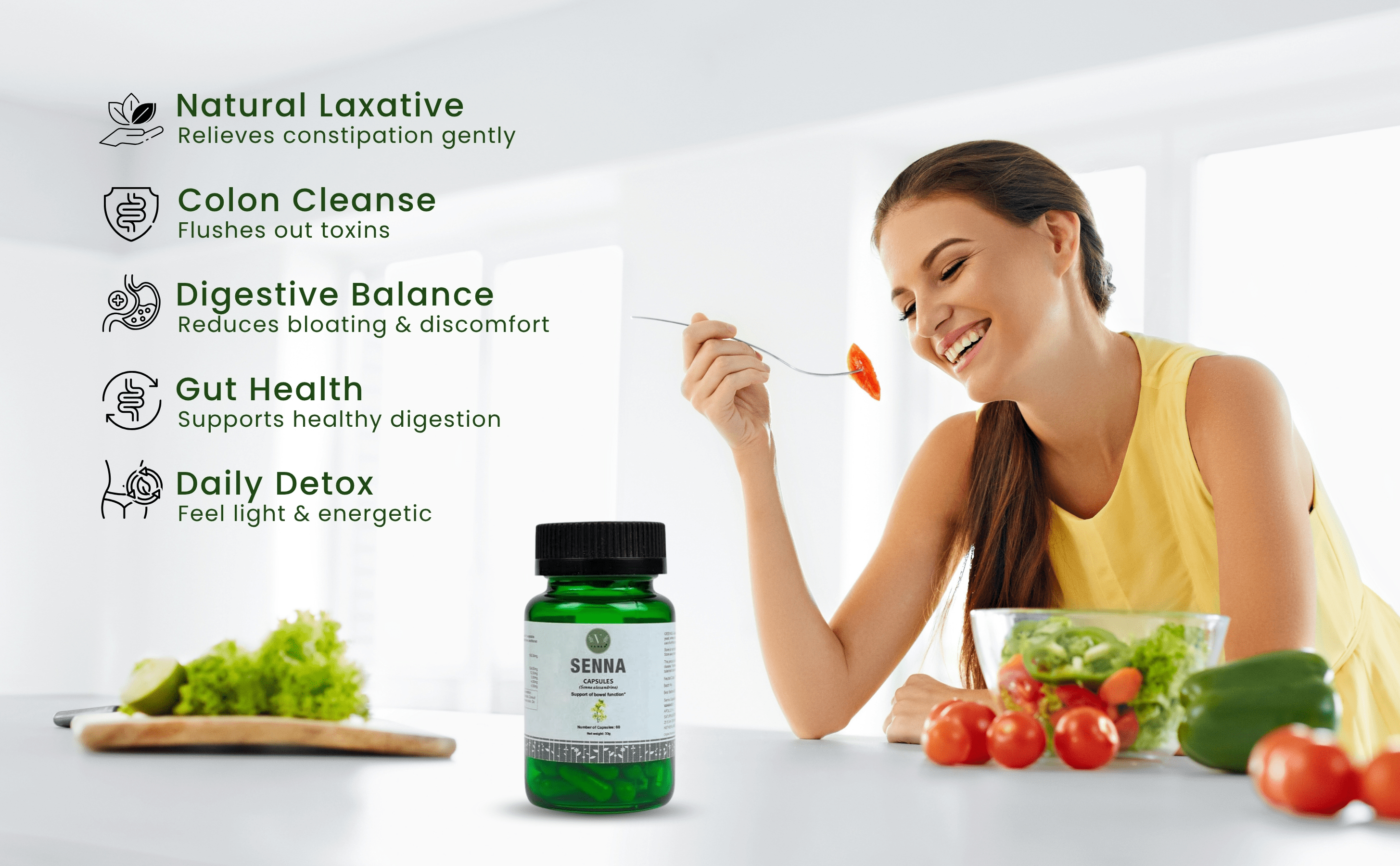 Woman eating vegetables with a bottle of supplements on a white background