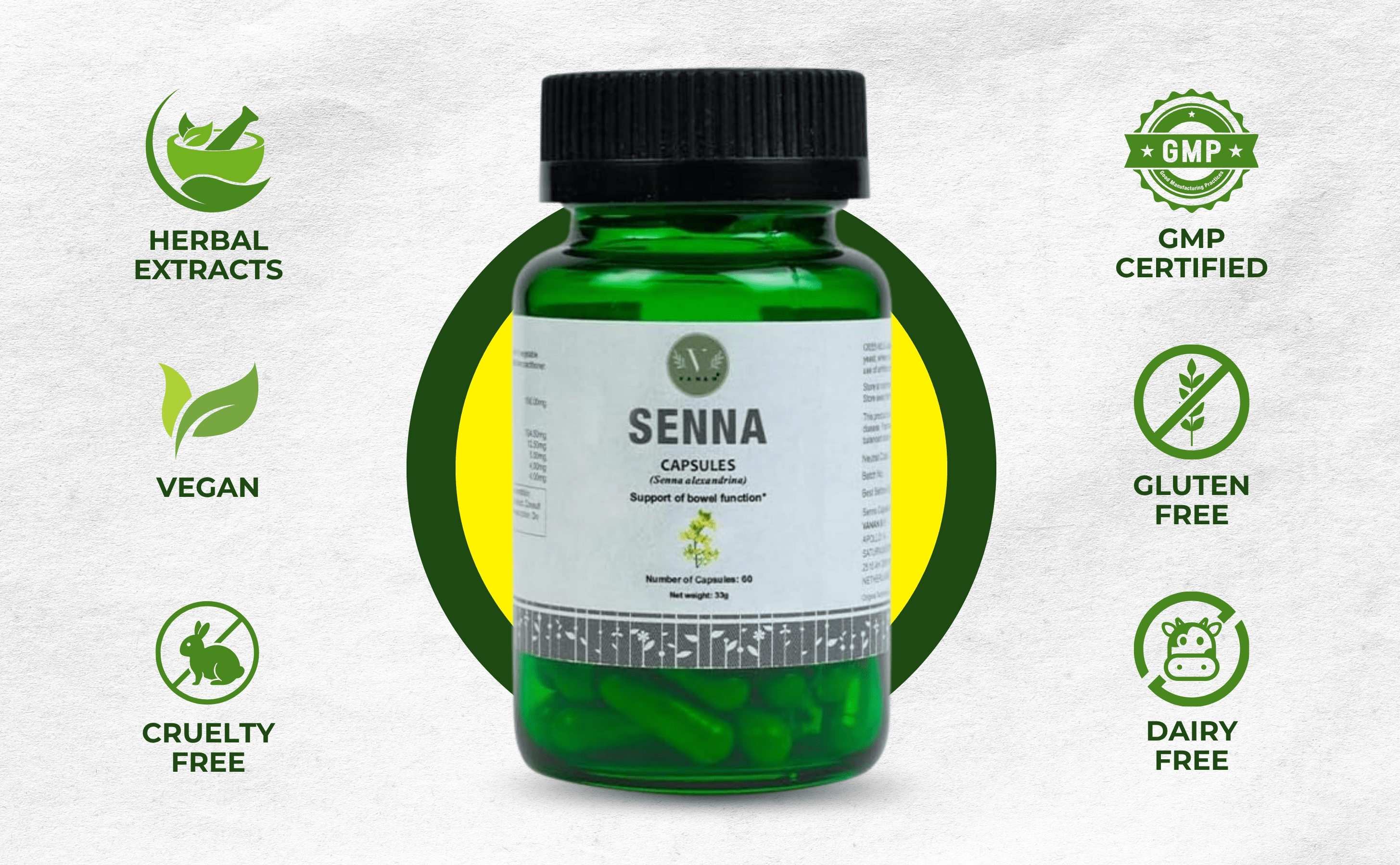 Green bottle of Senna capsules with certification icons on a light gray background
