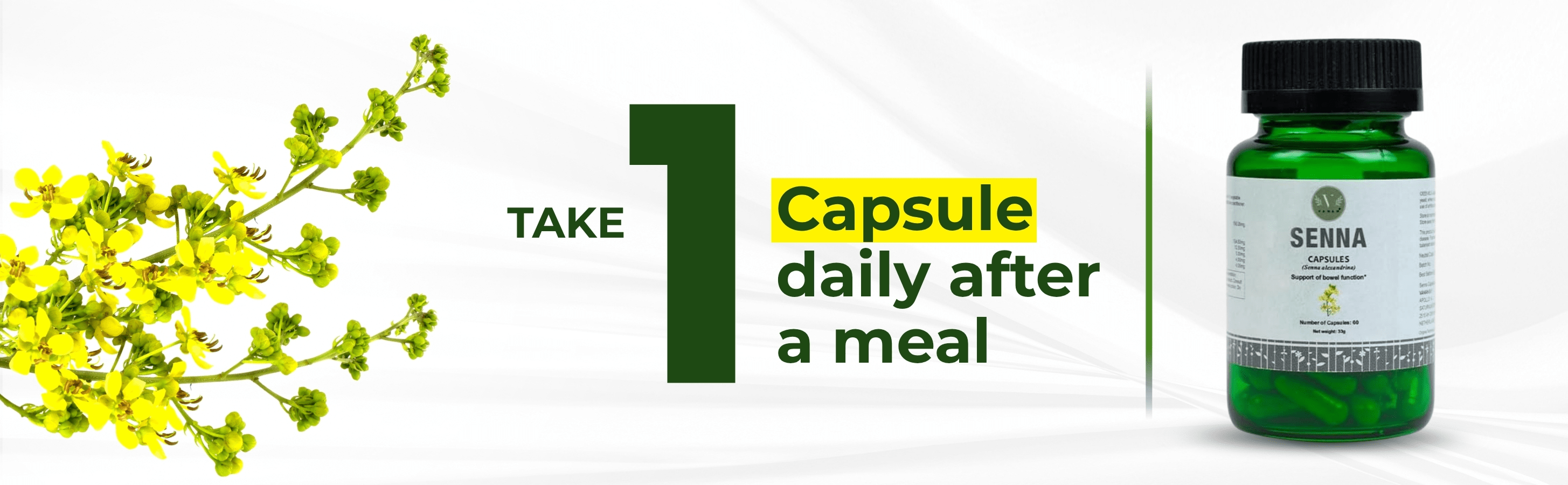 Bottle of Senna capsules with yellow flowers on a white background