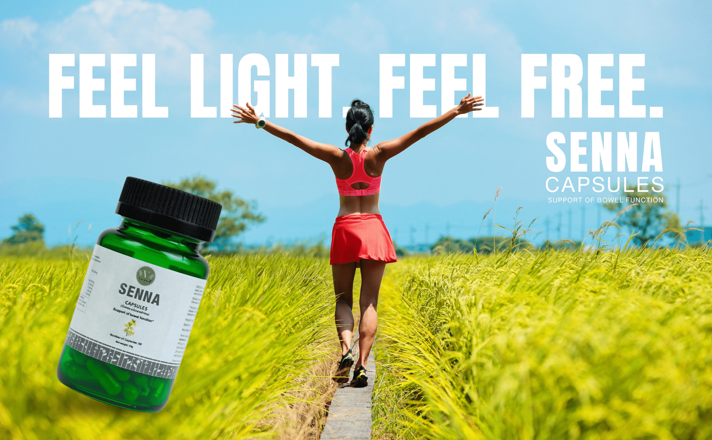 Person in a red outfit standing in a field with a Senna capsules bottle, promoting 'Feel Light Feel Free' with blue sky.