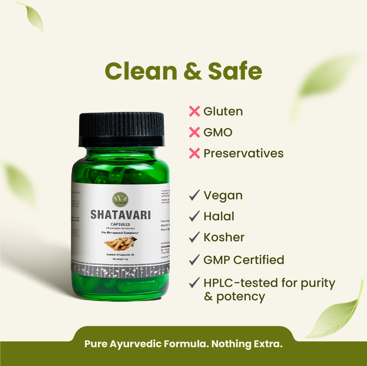 Green bottle of Shatavari capsules with certification labels on a white background