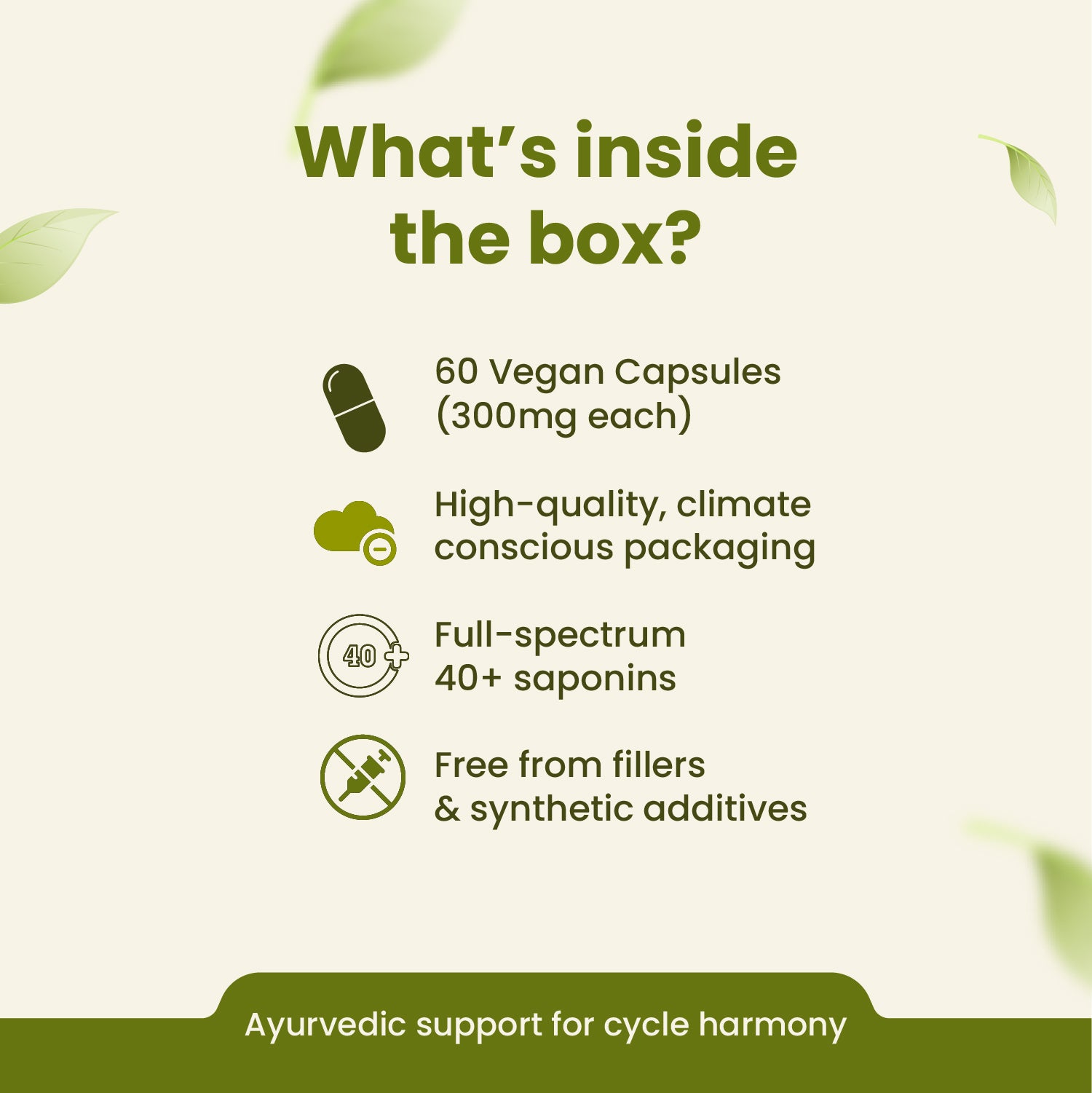 Product packaging with text detailing contents and features on a green background