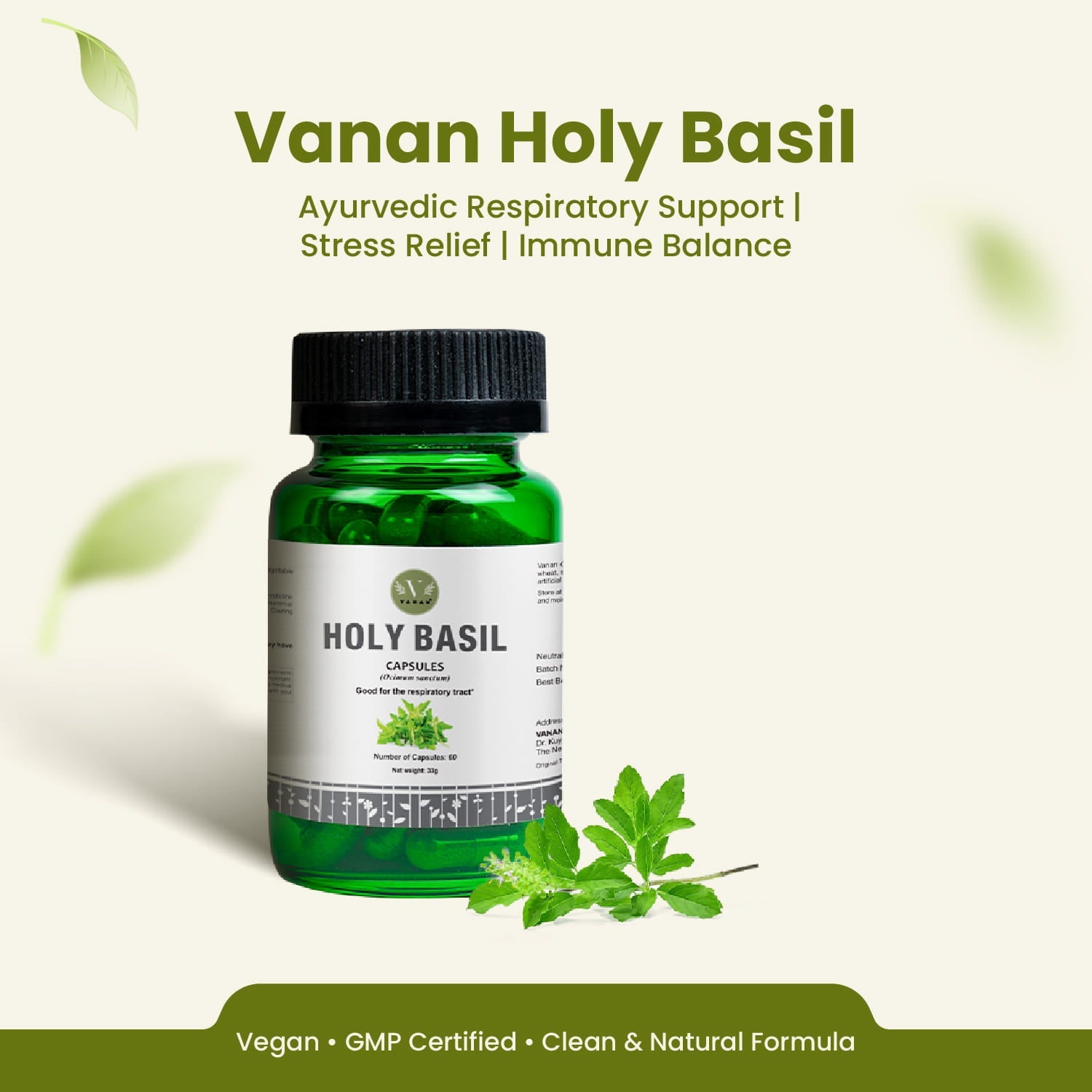 Holy Basil (Tulsi) Capsules | Stress Relief & Respiratory Support | 60 Capsules | Vanan Herbal 